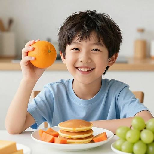 Photograph of a smiling Asian boy with black hair, wearing a light blue shirt, holding an orange, with pancakes, carrot slices, and green grapes