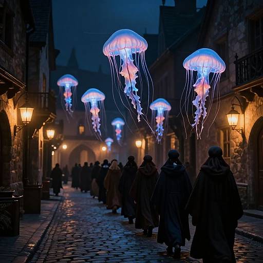 Photograph of a cobblestone street at night, illuminated by glowing blue and pink jellyfish-like lights, with silhouetted people in long