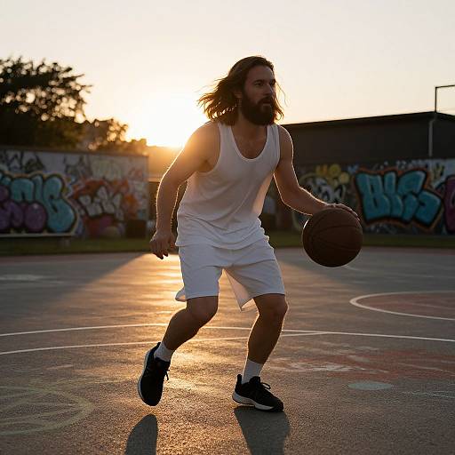 Photograph of a bearded man with long hair, wearing a white tank top and shorts, dribbling a basketball at sunset on a graffiti-covered outdoor