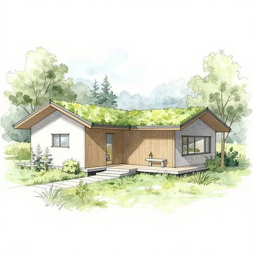 Watercolor illustration of a modern, white and wooden single-story house with a green roof, surrounded by lush greenery and trees.