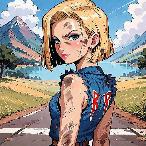 Anime Style Girl with Blonde Hair and Blue Eyes Outdoors