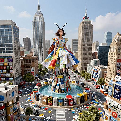Digital artwork: Giant woman with antennae, colorful dress, standing in city square fountain surrounded by skyscrapers, traffic, and scattered paint cans.
