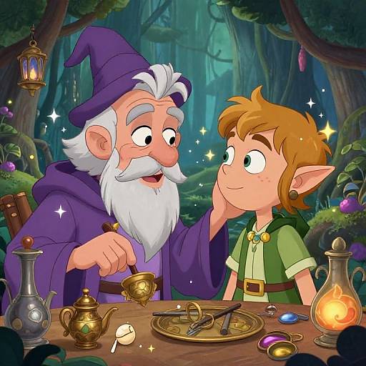 Cartoon image of an elderly wizard with a white beard and purple hat, and a young elf boy, sitting at a woodland table with glowing lanterns