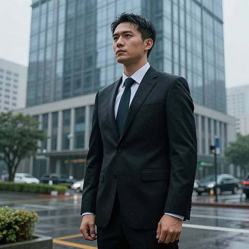 Photograph of an Asian man in a black suit and tie standing in a rainy city street, with tall glass buildings and cars in the background.