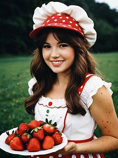 Young Woman in Strawberry Shortcake Costume with Plate of Strawberries