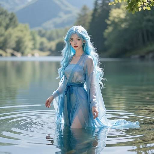 Photorealistic digital art of a fair-skinned woman with long, glowing blue hair, wearing a sheer blue dress, standing in a serene, mountain