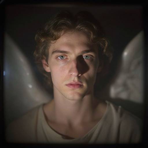 Photograph of a young, Caucasian man with curly brown hair, blue eyes, and fair skin, wearing a beige shirt, illuminated from front, dark