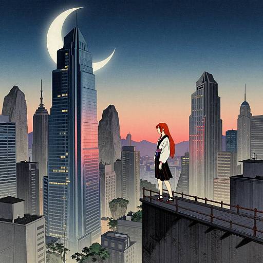 Anime-style digital drawing of a red-haired girl in a school uniform standing on a rooftop, overlooking a cityscape with tall skyscrapers and a cres