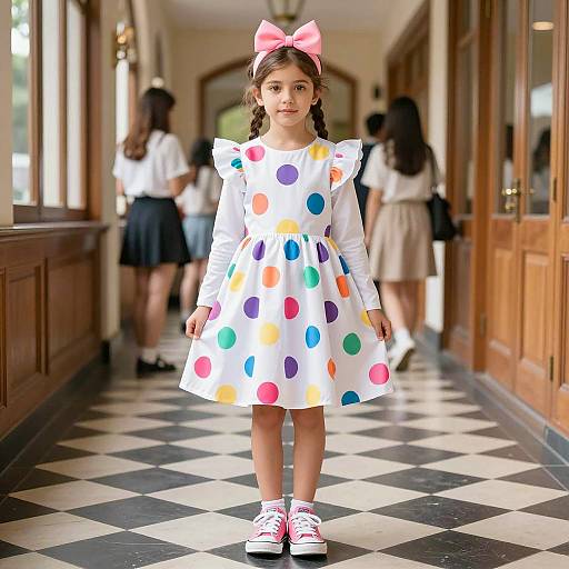Young Girl in Colorful Polka Dot Dress