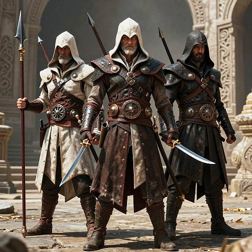 Photorealistic CGI of three bearded Viking warriors in medieval armor, holding spears and swords, standing in a sunlit, stone archway.
