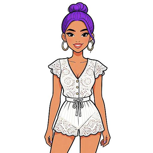 Digital illustration of a confident woman with purple bun, wearing white, dotted, short-sleeve romper, large hoop earrings, smiling, white background
