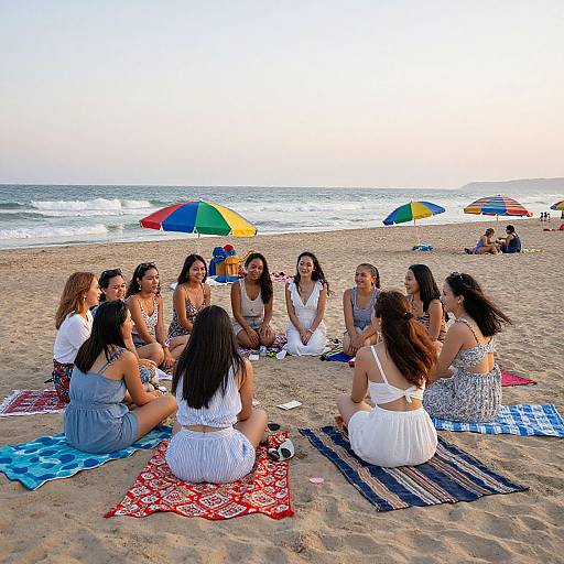Photograph of eight young women sitting in a circle on colorful beach blankets, wearing summer dresses, under rainbow umbrellas by the ocean.
