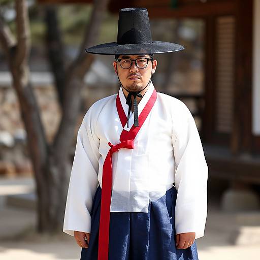 Photograph of a young Asian man in traditional Korean hanbok, white shirt, black hat, red necktie, blue skirt, standing outdoors.