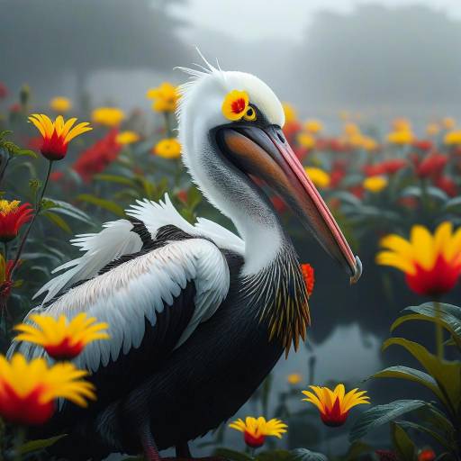 Pelican Amidst Vibrant Flowers