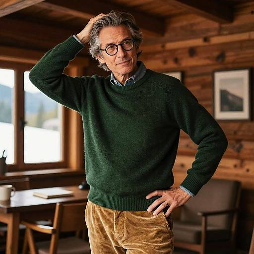 Photograph of an older man with gray hair, glasses, green sweater, and beige pants, standing in a rustic wooden cabin, hand in hair,