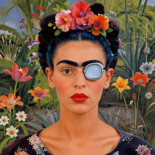 Photograph of Frida Kahlo-style portrait: dark-haired woman with flower crown, eyepatch, red lipstick, floral blouse, surrounded by vibrant