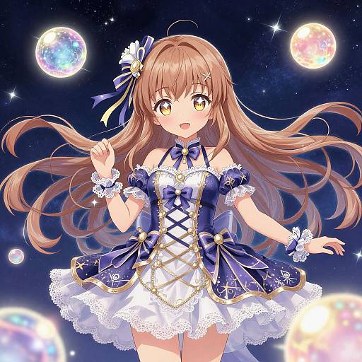 Anime-style digital illustration of a cute, brown-haired girl with golden eyes, wearing a blue and white, star-patterned, lace-trimmed dress