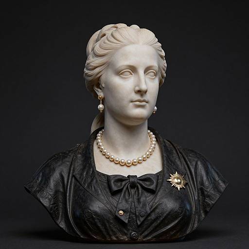 Photograph of a classical white marble bust of a woman with elegant, tied-back hair, wearing a black satin dress, pearl necklace, and earrings,
