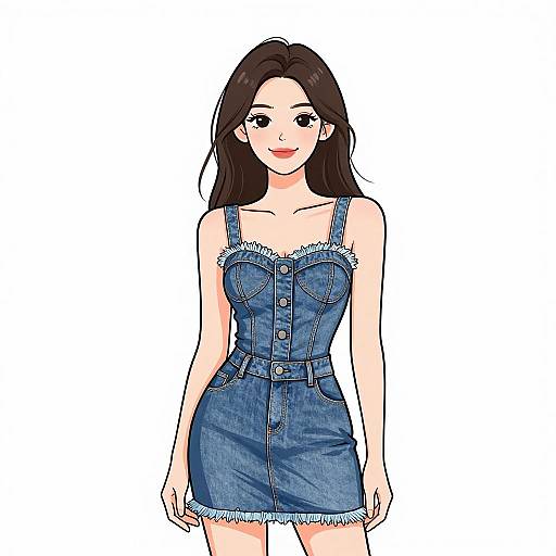 Digital illustration of a smiling Asian woman with long black hair, wearing a blue denim sleeveless dress with frayed edges.