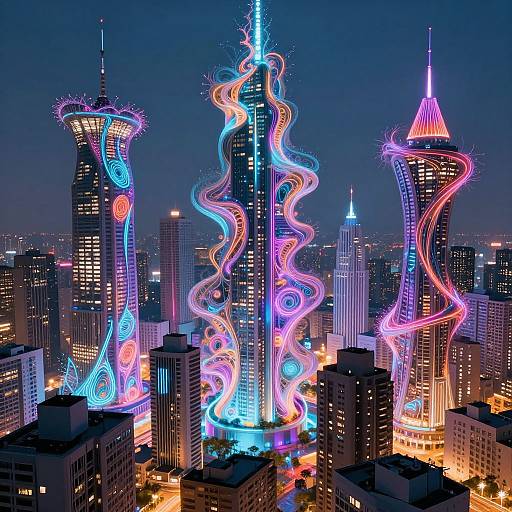 Surreal Fractal Cityscape with Neon Lights