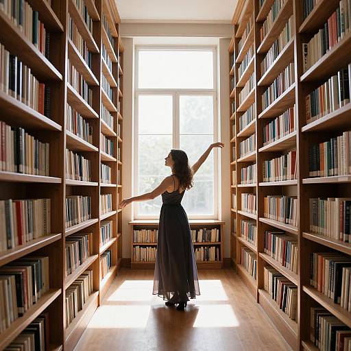 Photograph: Silhouetted woman in long, flowing black dress, arms raised, stands in sunlit library aisle, surrounded by tall wooden book