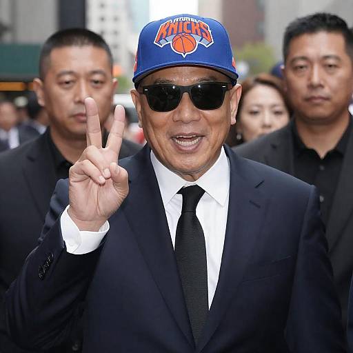 Man Wearing Knicks Cap Making Peace Sign