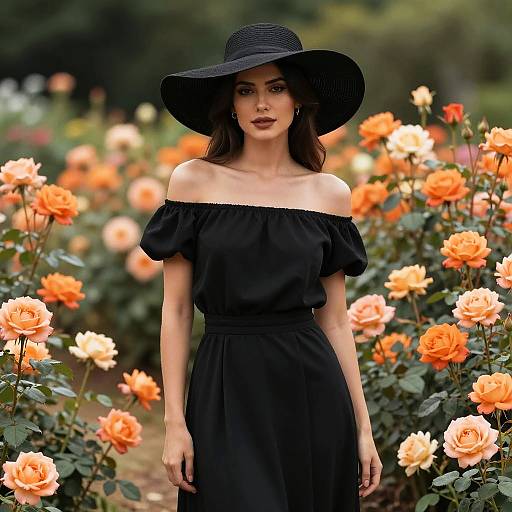 Woman in Black Gown Among Orange Roses