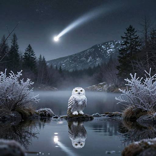 Photograph of a white owl standing on a rock in a frosty, moonlit forest pond, with a comet streaking the night sky. Reflection