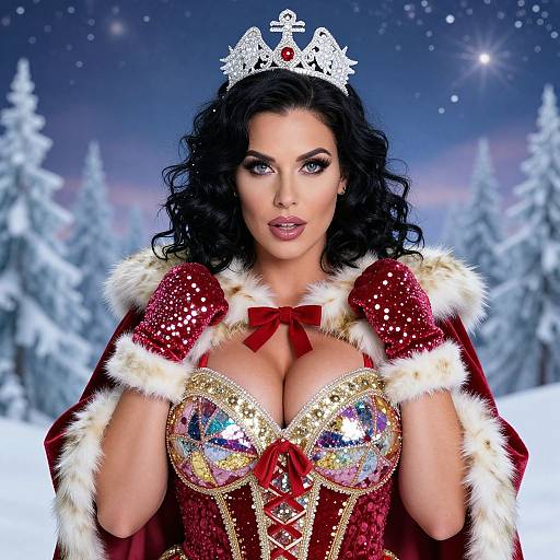Photorealistic digital image of a voluptuous woman with black curly hair, wearing a glittery red and gold corset, fur-trimmed cape