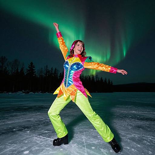 Photograph of a woman in neon rainbow jacket and lime pants, dancing on ice under vibrant green Northern Lights, night sky, snowy forest background.