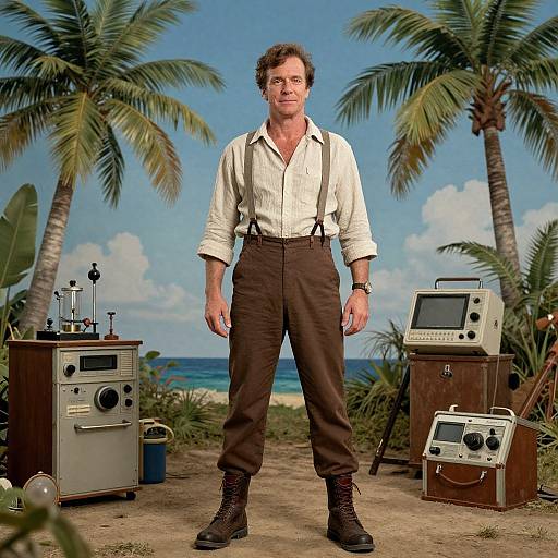 Photograph of a middle-aged man with curly hair, white shirt, brown pants, and boots, standing on a tropical beach with vintage radios and palm