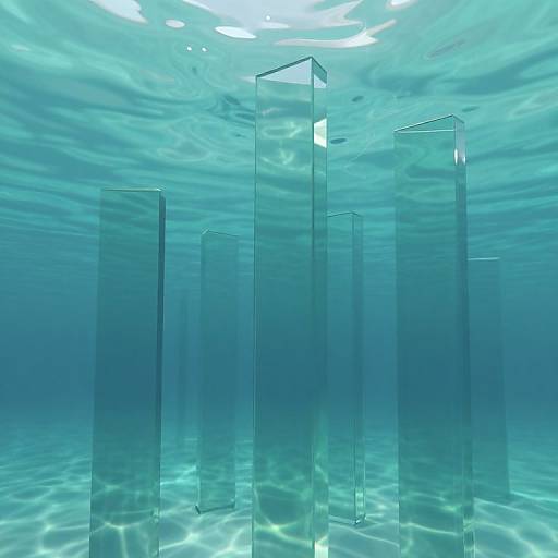 Photograph of clear, rectangular glass blocks submerged underwater, illuminated by sunlight creating wavy patterns on the blue aquatic floor.