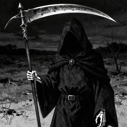 Digital black-and-white illustration of a hooded Grim Reaper with a large scythe, standing in a dark, desolate landscape, holding a skeletal hand