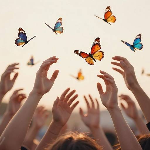 Photograph of hands reaching up, silhouetted against a bright sky, with vibrant orange and blue butterflies flying above.