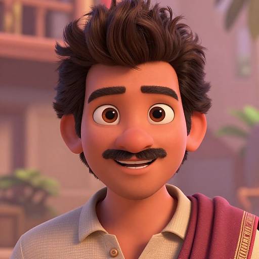  CGI image of a young man with dark, curly hair, large brown eyes, thick black mustache, beige shirt, and maroon sash,