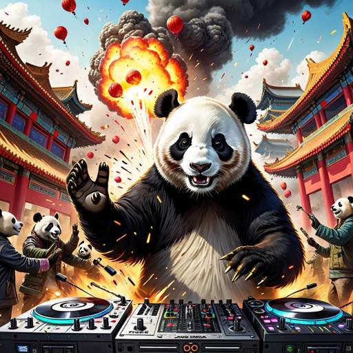 Panda DJ Party with Explosions in Traditional Chinese Setting