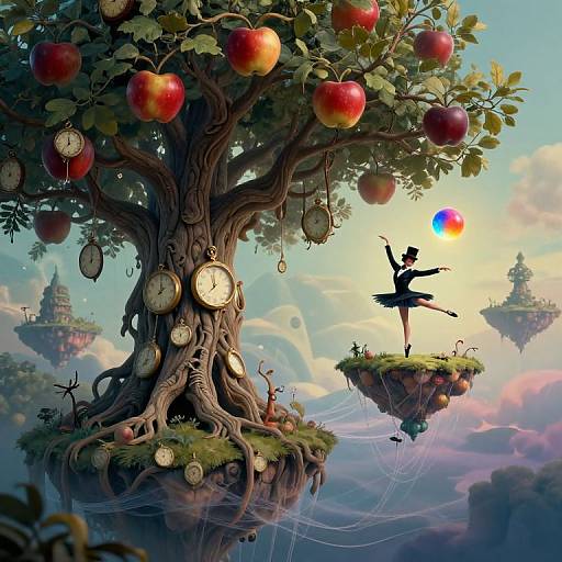 Fantasy illustration: A whimsical tree with apples and clock faces, a ballerina on a floating platform, colorful sky, and floating islands.
