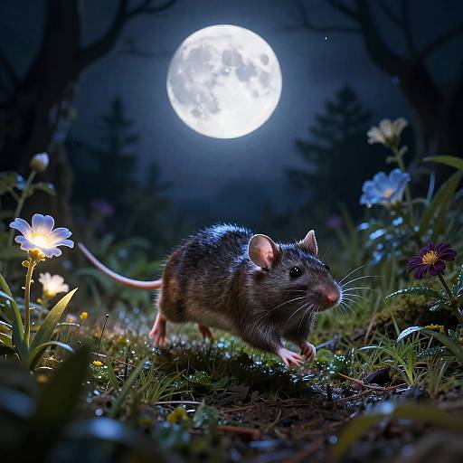 Photorealistic digital art of a brown mouse with pink ears and tail, standing on grass under a bright full moon, surrounded by glowing flowers and dark
