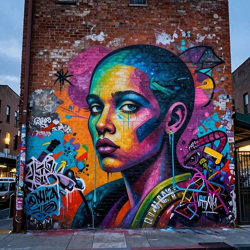 Vibrant graffiti mural on a brick wall featuring a multicolored, portrait of an African American woman with a serious expression. Urban street setting.