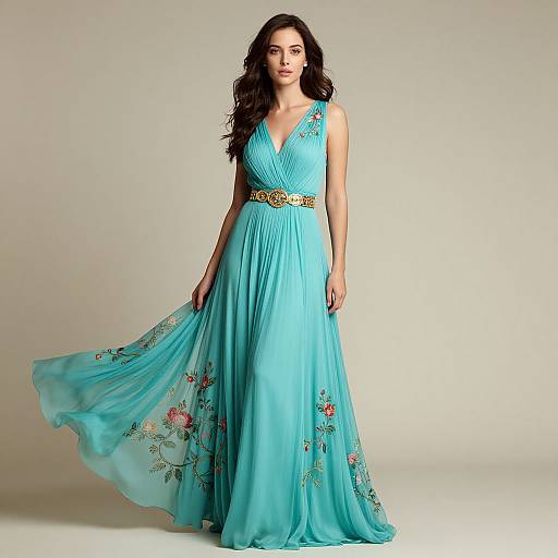 Elegant Woman in Turquoise Floral Dress