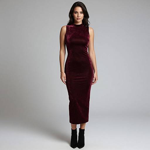 Photograph of a woman with dark hair, wearing a sleeveless, deep burgundy velvet dress and black ankle boots, standing against a plain white background