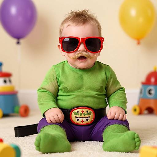 Photograph of a baby with a mustache, red sunglasses, green shirt, purple pants, and a cartoon character belt, sitting on a carpet with