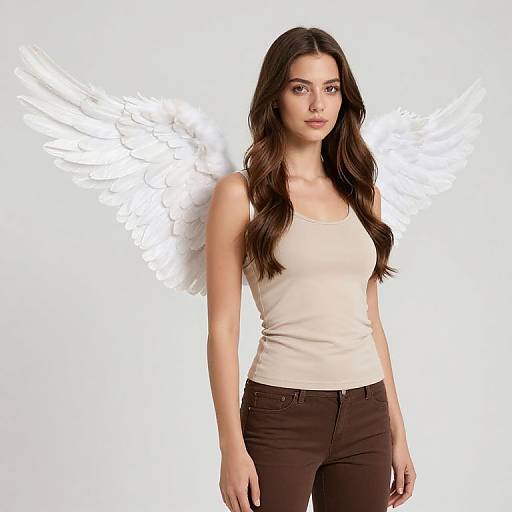 Photograph of a young woman with long brown hair, wearing a white tank top and brown pants, standing against a white background with white angel wings behind