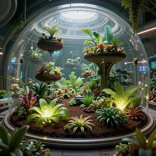 Photograph of a futuristic, illuminated glass dome filled with diverse, colorful succulents and air plants, suspended mid-air in a modern, brightly lit