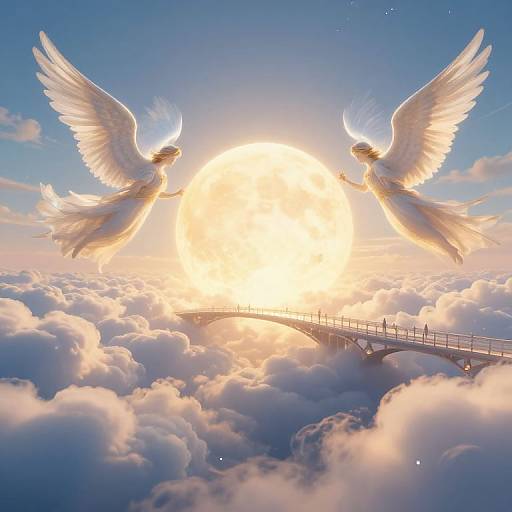 Majestic Angels Soaring Above Clouds at Glowing Moon Bridge
