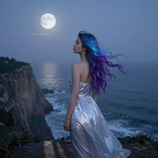 Photograph of a woman with long, flowing blue-purple hair in a shiny, silver dress, standing on a cliff at night, gazing at a