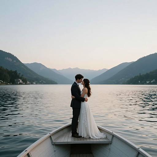 Newlywed Couple on Mountainous Horizon Boat