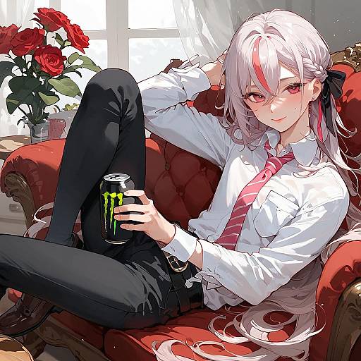 Anime Boy with Pink Hair and Accessories