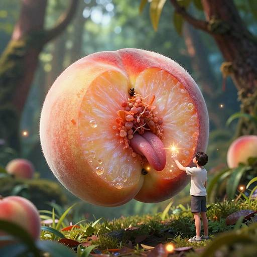 A surreal digital art of a young boy in a white shirt and shorts touching a giant, glowing, dewy, peach-like fruit in a mystical forest