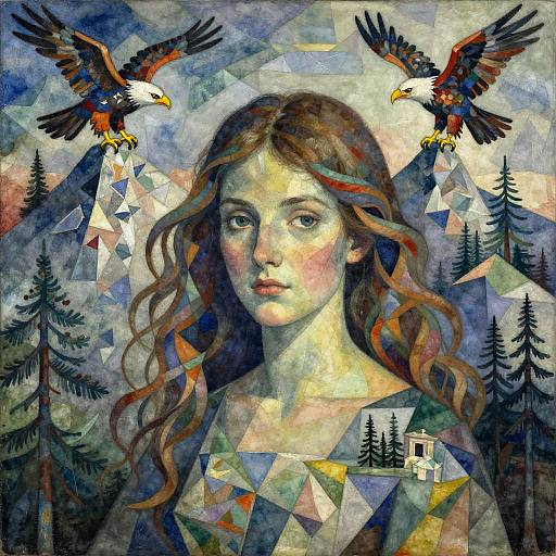 Surreal, geometric painting of a young woman with wavy brown hair, surrounded by eagles, pine trees, and a small house. M